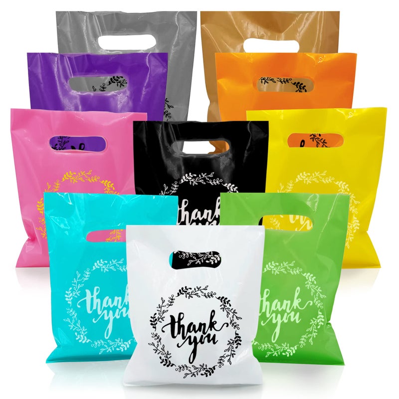 TOSPARTY 100 PCS 10 Colors Small Plastic Handle Bag Party Gift Bags Party Favor Bags Candy Cookie Bags for Birthday Party Baby Shower Wedding Gift Shop Retail Bag - Image 1